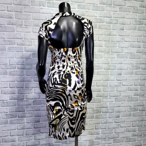 Cache Size 6 Silk Animal Print Ruched Cutout Back S/S Knee Length Dress Cocktail - Picture 6 of 12